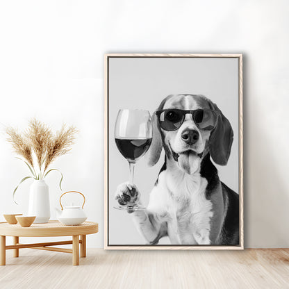 Beagle Holding Red Wine Framed Canvas Print Wall Art, Black and White, Beagle Gift, Kitchen Wall Decor