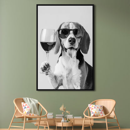 Beagle Holding Red Wine Framed Canvas Print Wall Art, Black and White, Beagle Gift, Kitchen Wall Decor