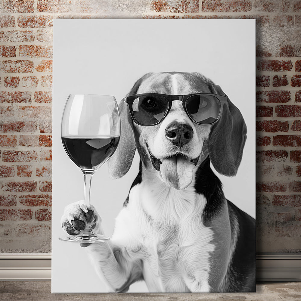 Beagle Holding Red Wine Canvas Print Wall Art, Black and White, Beagle Gift, Bar Cart Print, Kitchen Wall Decor