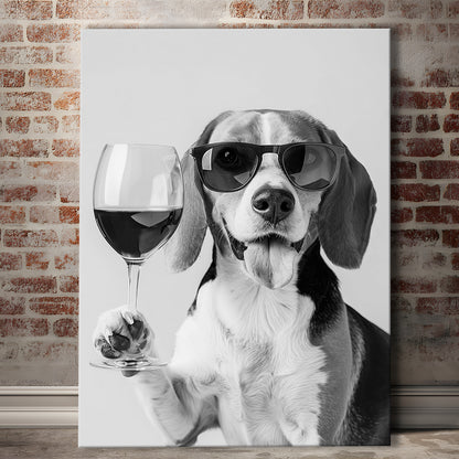 Beagle Holding Red Wine Canvas Print Wall Art, Black and White, Beagle Gift, Bar Cart Print, Kitchen Wall Decor