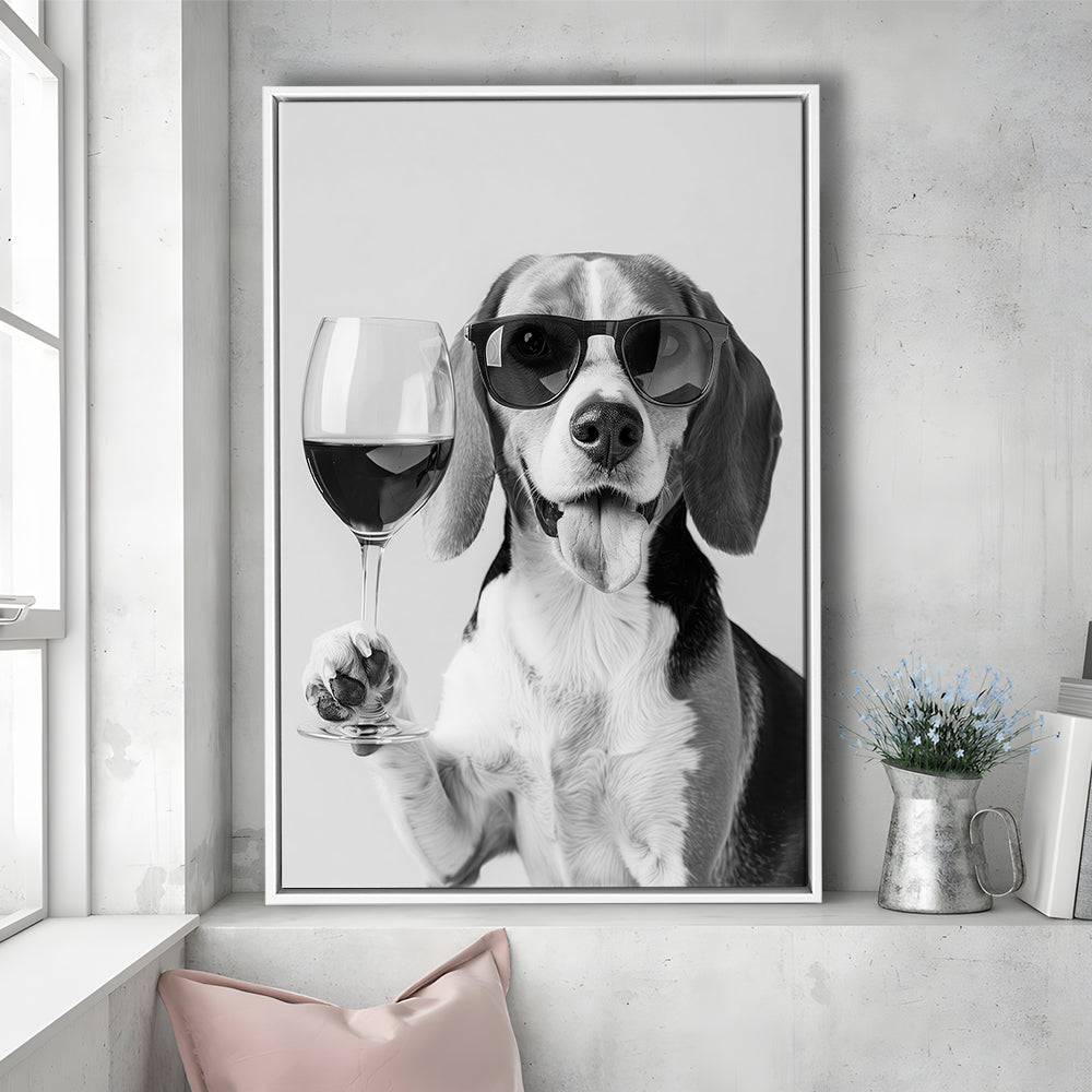 Beagle Holding Red Wine Framed Canvas Print Wall Art, Black and White, Beagle Gift, Kitchen Wall Decor