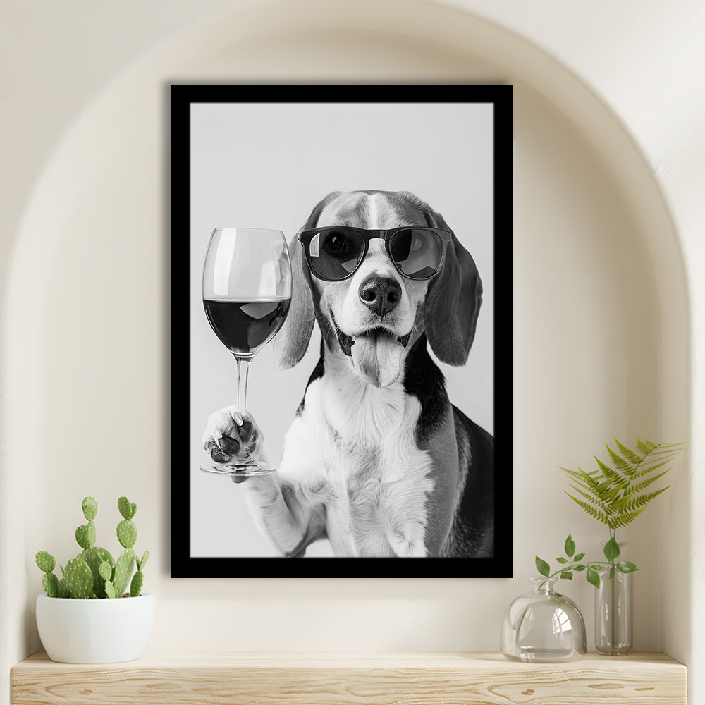 Beagle Holding Red Wine Framed Art Print Wall Decor, Black and White, Beagle Gift, Kitchen Wall Decor