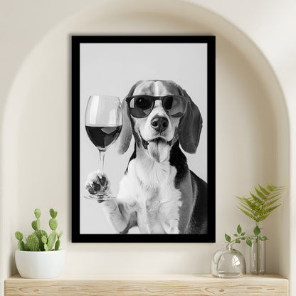 Beagle Holding Red Wine Framed Art Print Wall Decor, Black and White, Beagle Gift, Kitchen Wall Decor