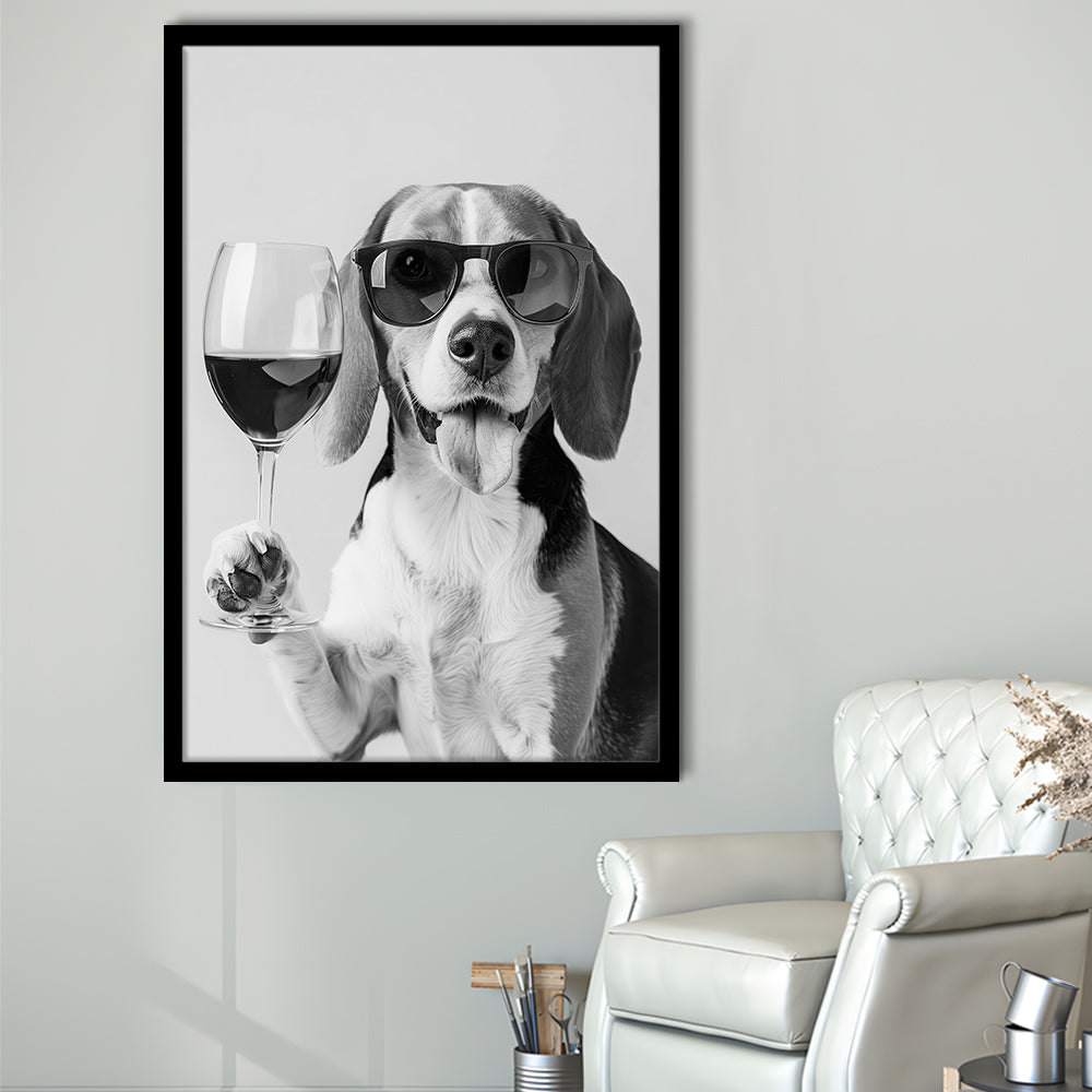 Beagle Holding Red Wine Framed Art Print Wall Decor, Black and White, Beagle Gift, Kitchen Wall Decor