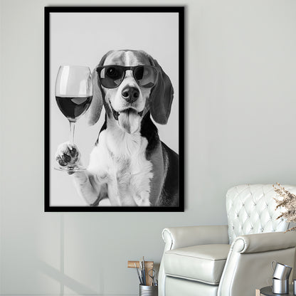 Beagle Holding Red Wine Framed Art Print Wall Decor, Black and White, Beagle Gift, Kitchen Wall Decor