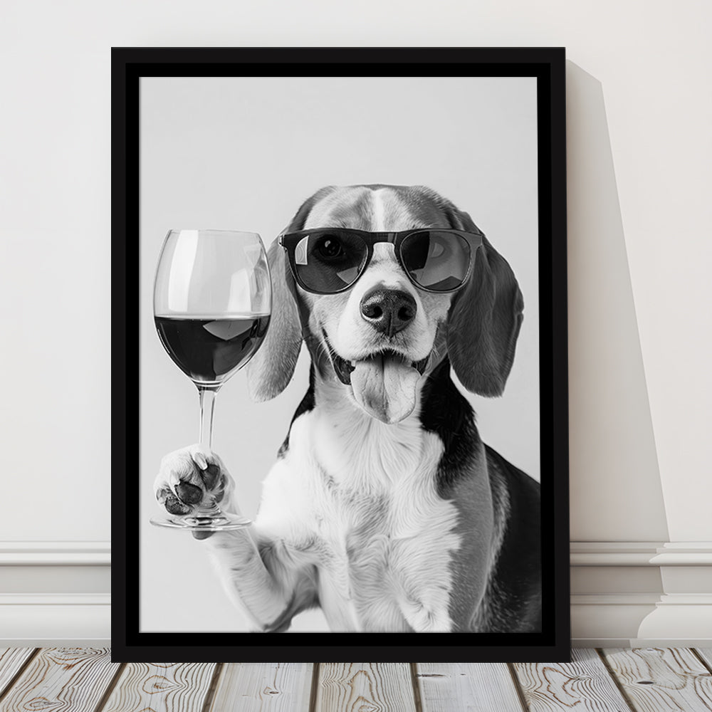 Beagle Holding Red Wine Framed Canvas Print Wall Art, Black and White, Beagle Gift, Kitchen Wall Decor