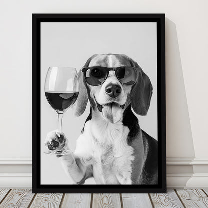 Beagle Holding Red Wine Framed Canvas Print Wall Art, Black and White, Beagle Gift, Kitchen Wall Decor