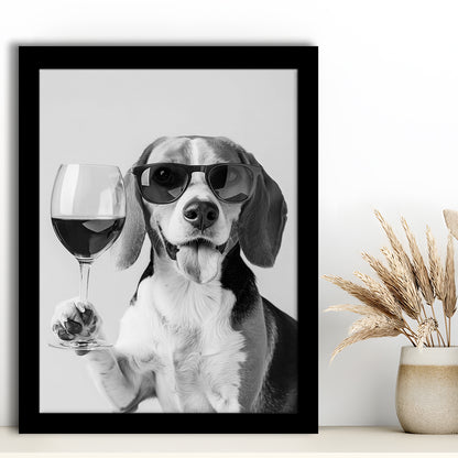 Beagle Holding Red Wine Framed Art Print Wall Decor, Black and White, Beagle Gift, Kitchen Wall Decor