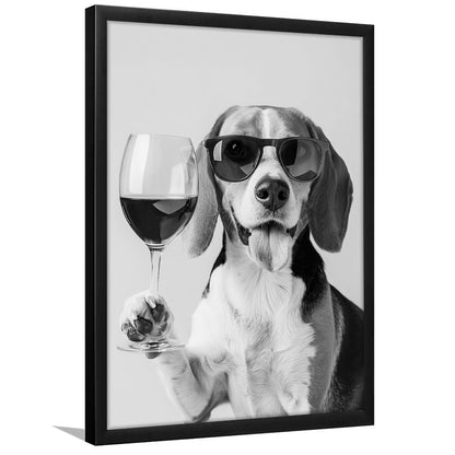 Beagle Holding Red Wine Framed Art Print Wall Decor, Black and White, Beagle Gift, Kitchen Wall Decor