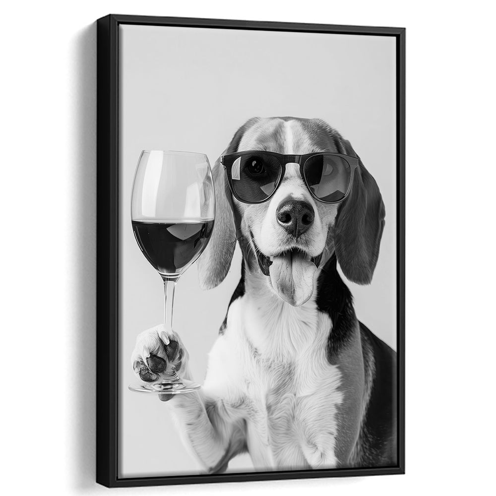Beagle Holding Red Wine Framed Canvas Print Wall Art, Black and White, Beagle Gift, Kitchen Wall Decor