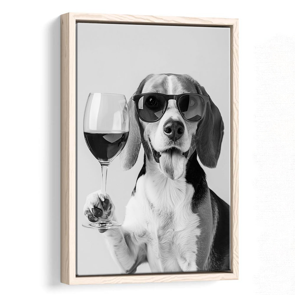 Beagle Holding Red Wine Framed Canvas Print Wall Art, Black and White, Beagle Gift, Kitchen Wall Decor