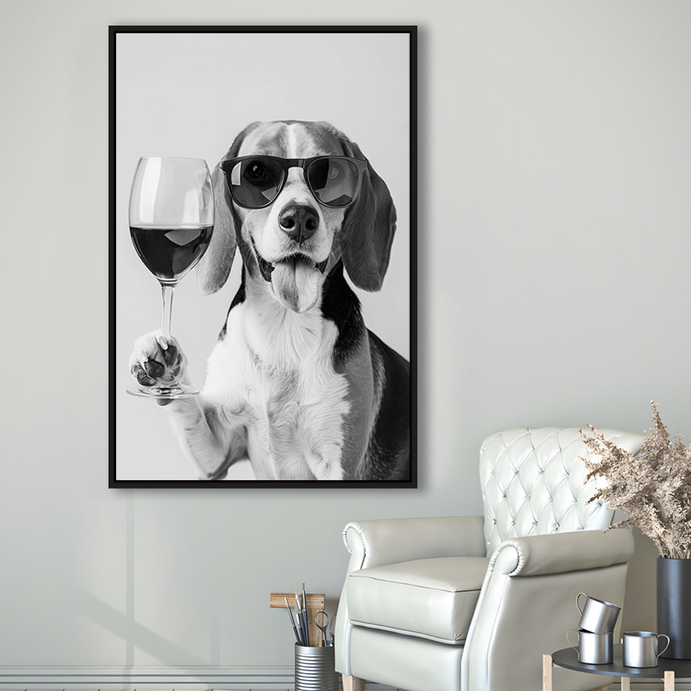 Beagle Holding Red Wine Framed Canvas Print Wall Art, Black and White, Beagle Gift, Kitchen Wall Decor