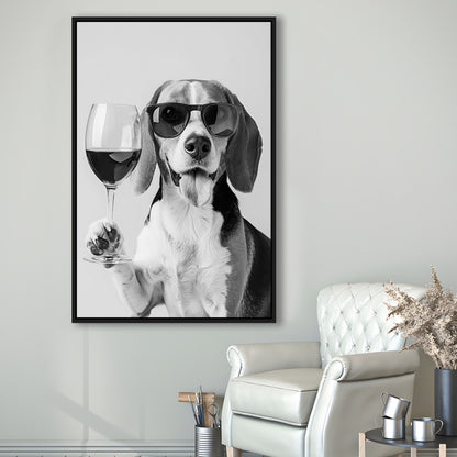 Beagle Holding Red Wine Framed Canvas Print Wall Art, Black and White, Beagle Gift, Kitchen Wall Decor