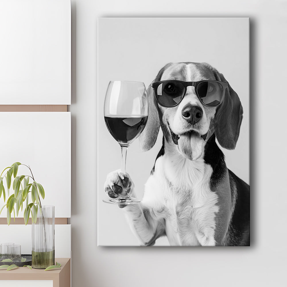 Beagle Holding Red Wine Canvas Print Wall Art, Black and White, Beagle Gift, Bar Cart Print, Kitchen Wall Decor