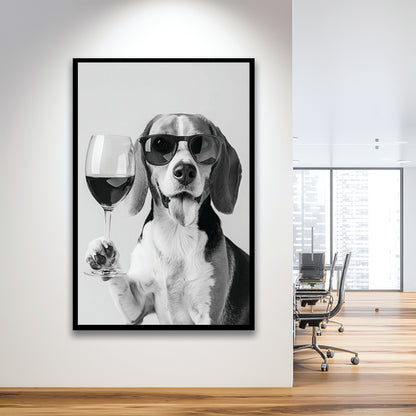 Beagle Holding Red Wine Framed Art Print Wall Decor, Black and White, Beagle Gift, Kitchen Wall Decor