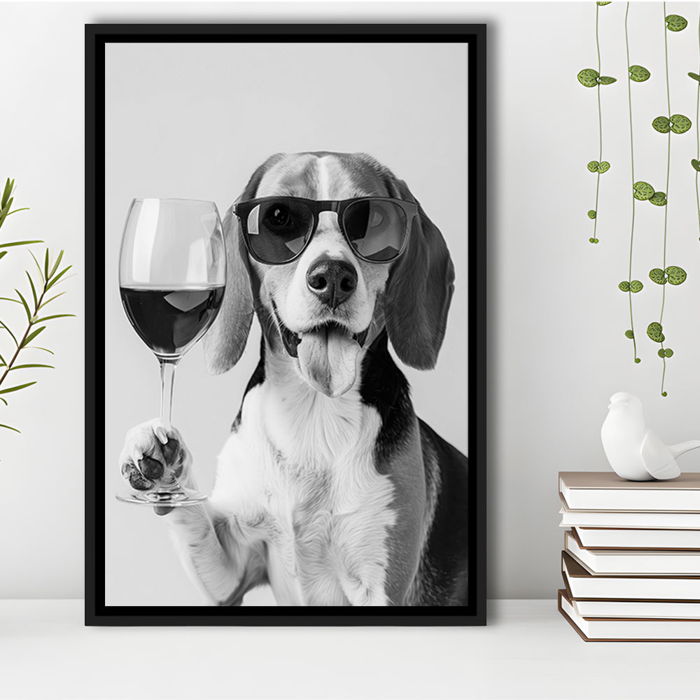 Beagle Holding Red Wine Framed Canvas Print Wall Art, Black and White, Beagle Gift, Kitchen Wall Decor
