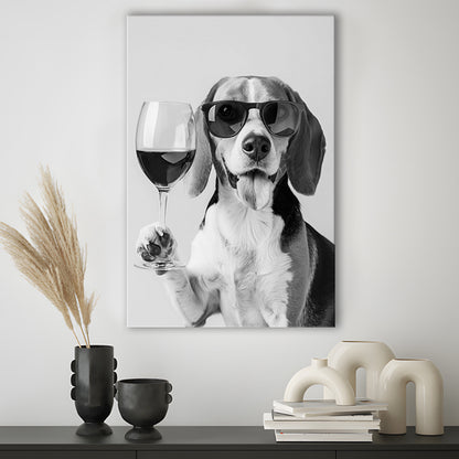 Beagle Holding Red Wine Canvas Print Wall Art, Black and White, Beagle Gift, Bar Cart Print, Kitchen Wall Decor