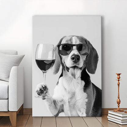Beagle Holding Red Wine Canvas Print Wall Art, Black and White, Beagle Gift, Bar Cart Print, Kitchen Wall Decor