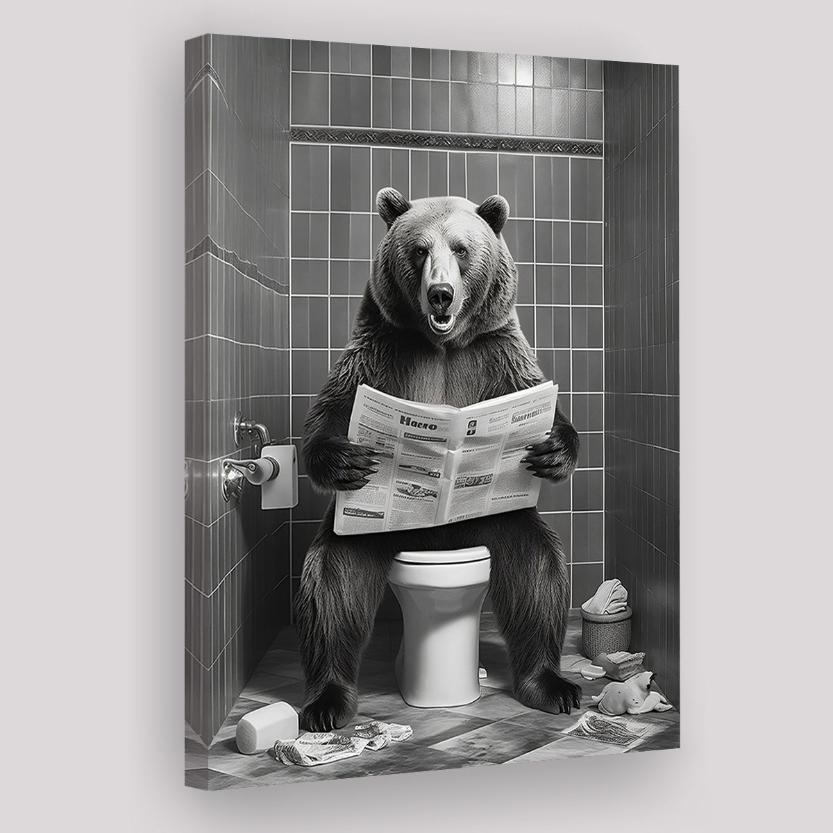 Bear Print Canvas Prints Wall Art, Funny Bathroom Decor, Bear in Toilet