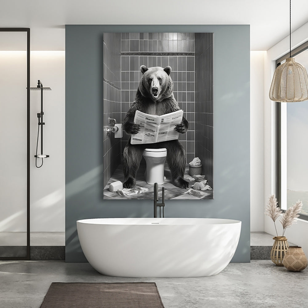 Bear Print Canvas Prints Wall Art, Funny Bathroom Decor, Bear in Toilet