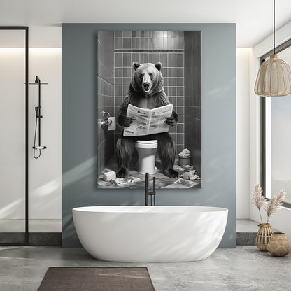 Bear Print Canvas Prints Wall Art, Funny Bathroom Decor, Bear in Toilet
