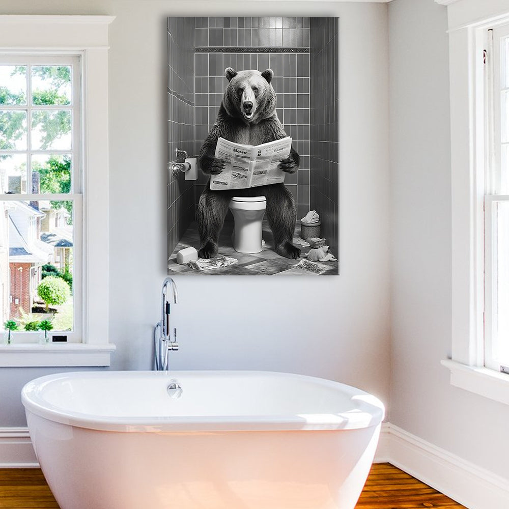Bear Print Canvas Prints Wall Art, Funny Bathroom Decor, Bear in Toilet
