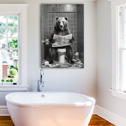 Bear Print Canvas Prints Wall Art, Funny Bathroom Decor, Bear in Toilet