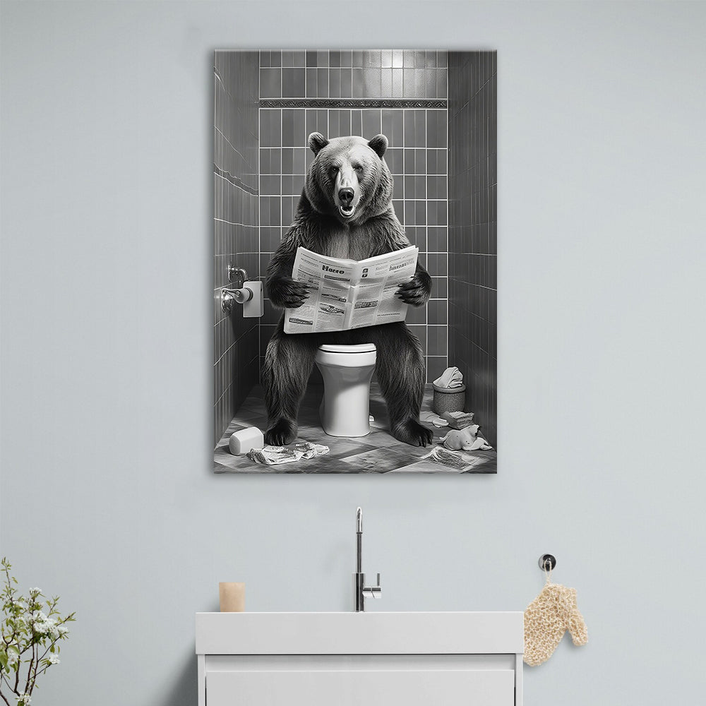 Bear Print Canvas Prints Wall Art, Funny Bathroom Decor, Bear in Toilet
