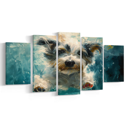 Bearded Collie Dog Swimming Underwater Watercolor, Funny Pet Art, Mixed Panels Canvas Print Wall Art