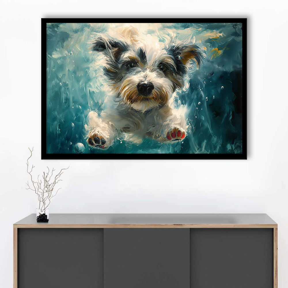 Bearded Collie Dog Swimming Underwater Watercolor, Funny Pet Art, Framed Art Print Wall Decor, Framed Picture
