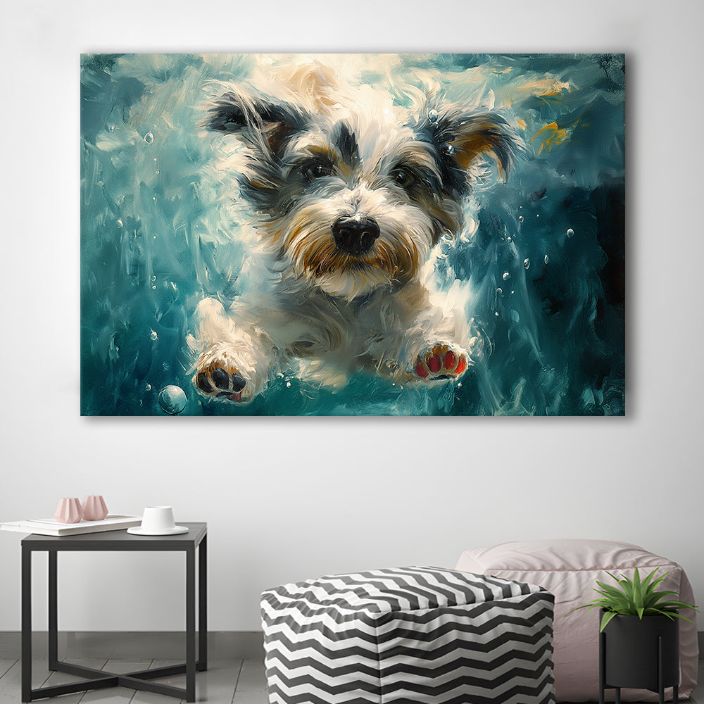 Bearded Collie Dog Swimming Underwater Watercolor, Funny Pet Art, Canvas Print Wall Art Home Decor
