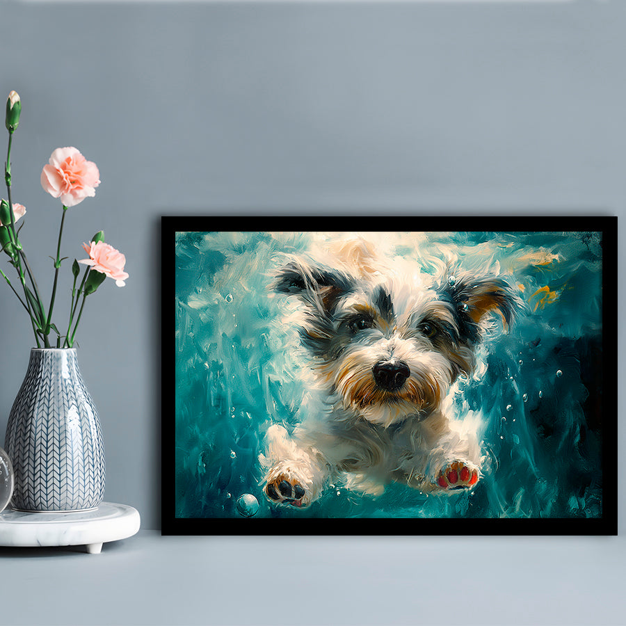 Bearded Collie Dog Swimming Underwater Watercolor, Funny Pet Art, Framed Art Print Wall Decor, Framed Picture