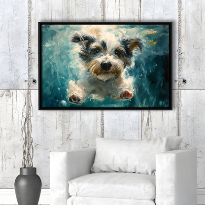 Bearded Collie Dog Swimming Underwater Watercolor, Funny Pet Art, Floating Framed Canvas Print Wall Art