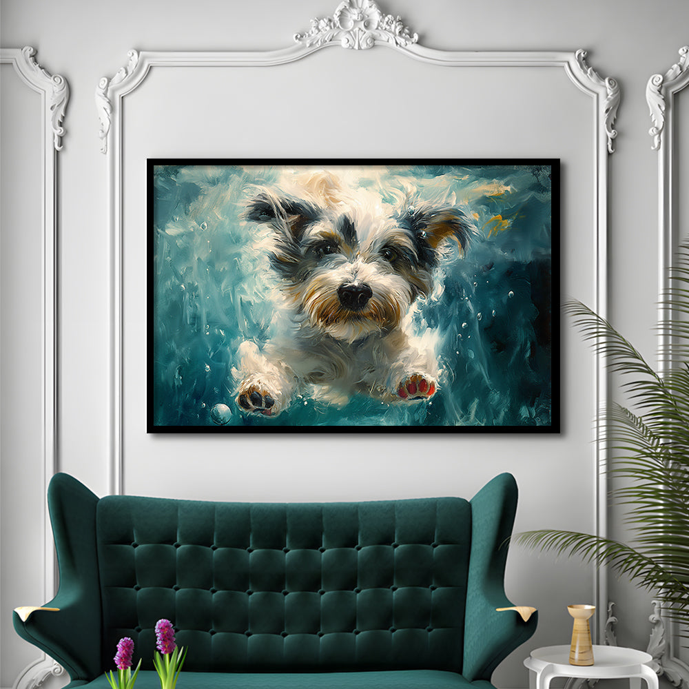 Bearded Collie Dog Swimming Underwater Watercolor, Funny Pet Art, Framed Art Print Wall Decor, Framed Picture