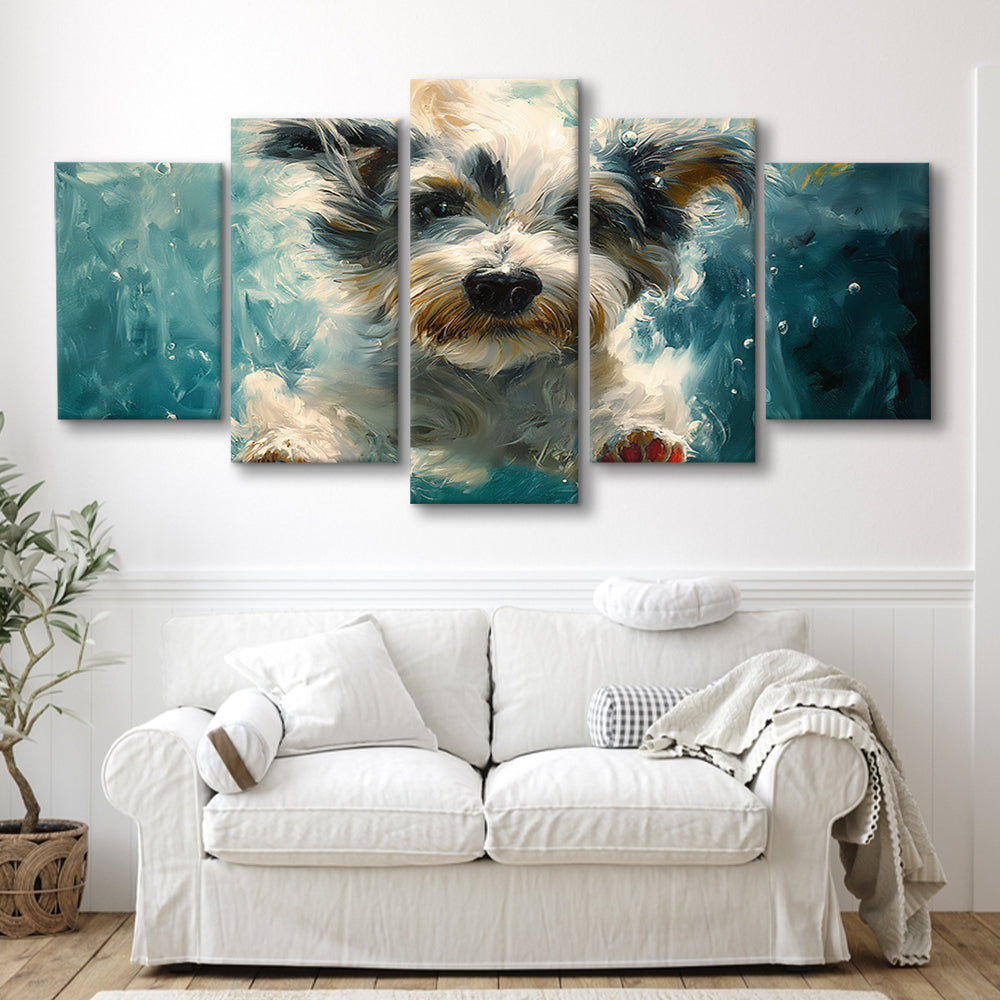 Bearded Collie Dog Swimming Underwater Watercolor, Funny Pet Art, Mixed Panels Canvas Print Wall Art