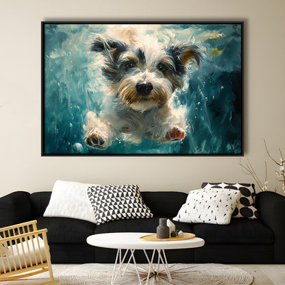 Bearded Collie Dog Swimming Underwater Watercolor, Funny Pet Art, Floating Framed Canvas Print Wall Art