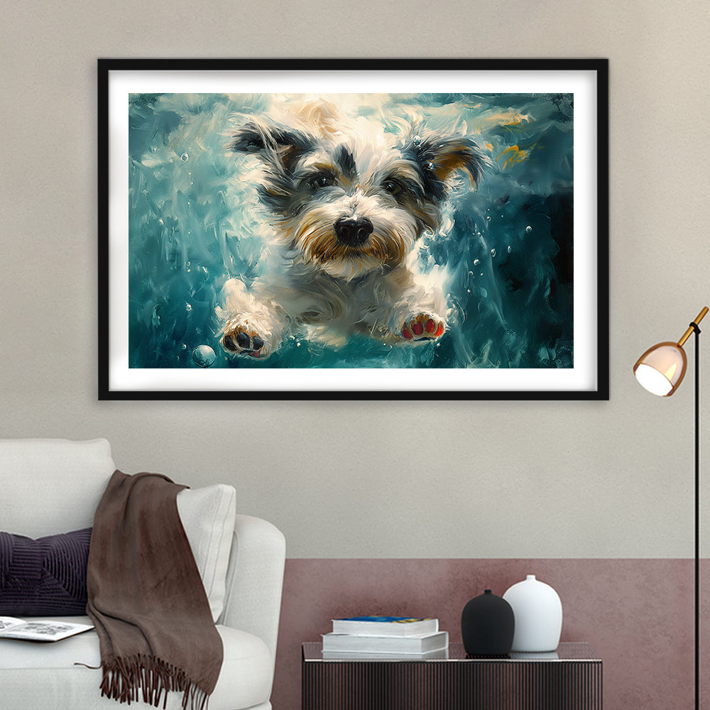 Bearded Collie Dog Swimming Underwater Watercolor, Funny Pet Art, Framed Art Print White Border Wall Decor