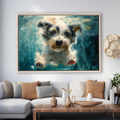 Bearded Collie Dog Swimming Underwater Watercolor, Funny Pet Art, Floating Framed Canvas Print Wall Art