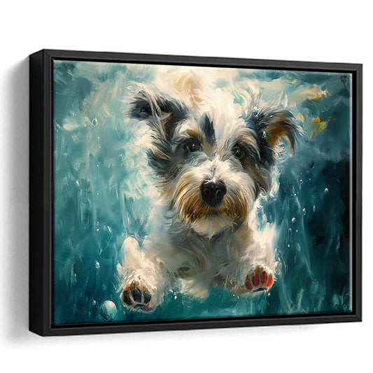 Bearded Collie Dog Swimming Underwater Watercolor, Funny Pet Art, Floating Framed Canvas Print Wall Art