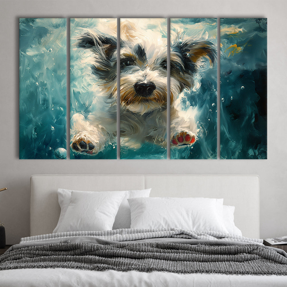 Bearded Collie Dog Swimming Underwater Watercolor, Funny Pet Art, Multi Panels Canvas Print Wall Art