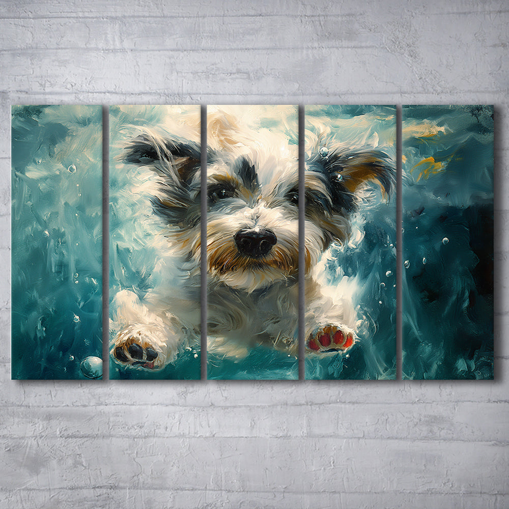 Bearded Collie Dog Swimming Underwater Watercolor, Funny Pet Art, Multi Panels Canvas Print Wall Art