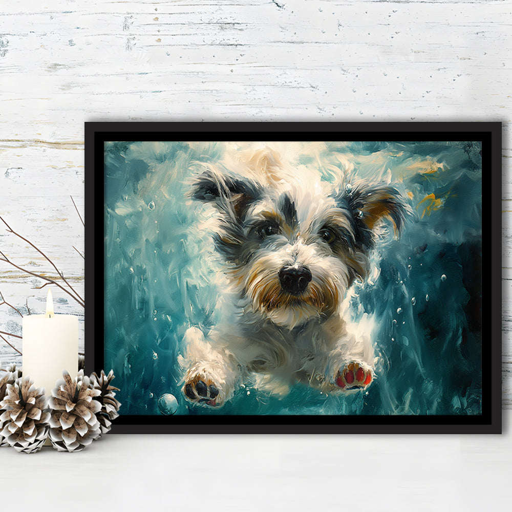 Bearded Collie Dog Swimming Underwater Watercolor, Funny Pet Art, Floating Framed Canvas Print Wall Art