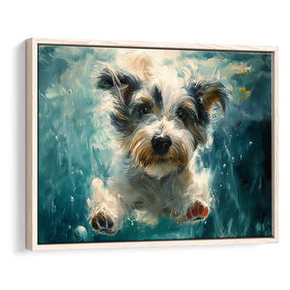 Bearded Collie Dog Swimming Underwater Watercolor, Funny Pet Art, Floating Framed Canvas Print Wall Art