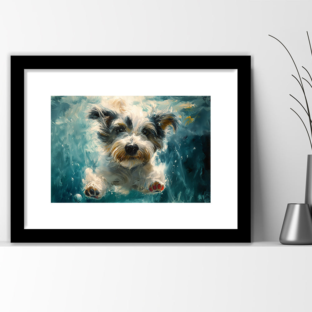 Bearded Collie Dog Swimming Underwater Watercolor, Funny Pet Art, Framed Art Print White Border Wall Decor