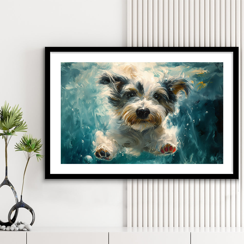 Bearded Collie Dog Swimming Underwater Watercolor, Funny Pet Art, Framed Art Print White Border Wall Decor