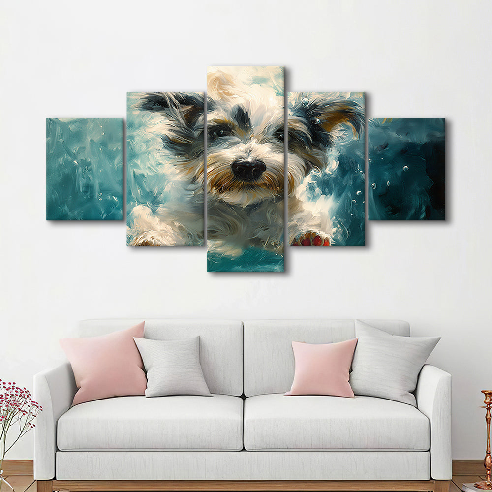 Bearded Collie Dog Swimming Underwater Watercolor, Funny Pet Art, Mixed Panels Canvas Print Wall Art