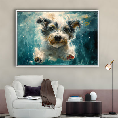Bearded Collie Dog Swimming Underwater Watercolor, Funny Pet Art, Floating Framed Canvas Print Wall Art