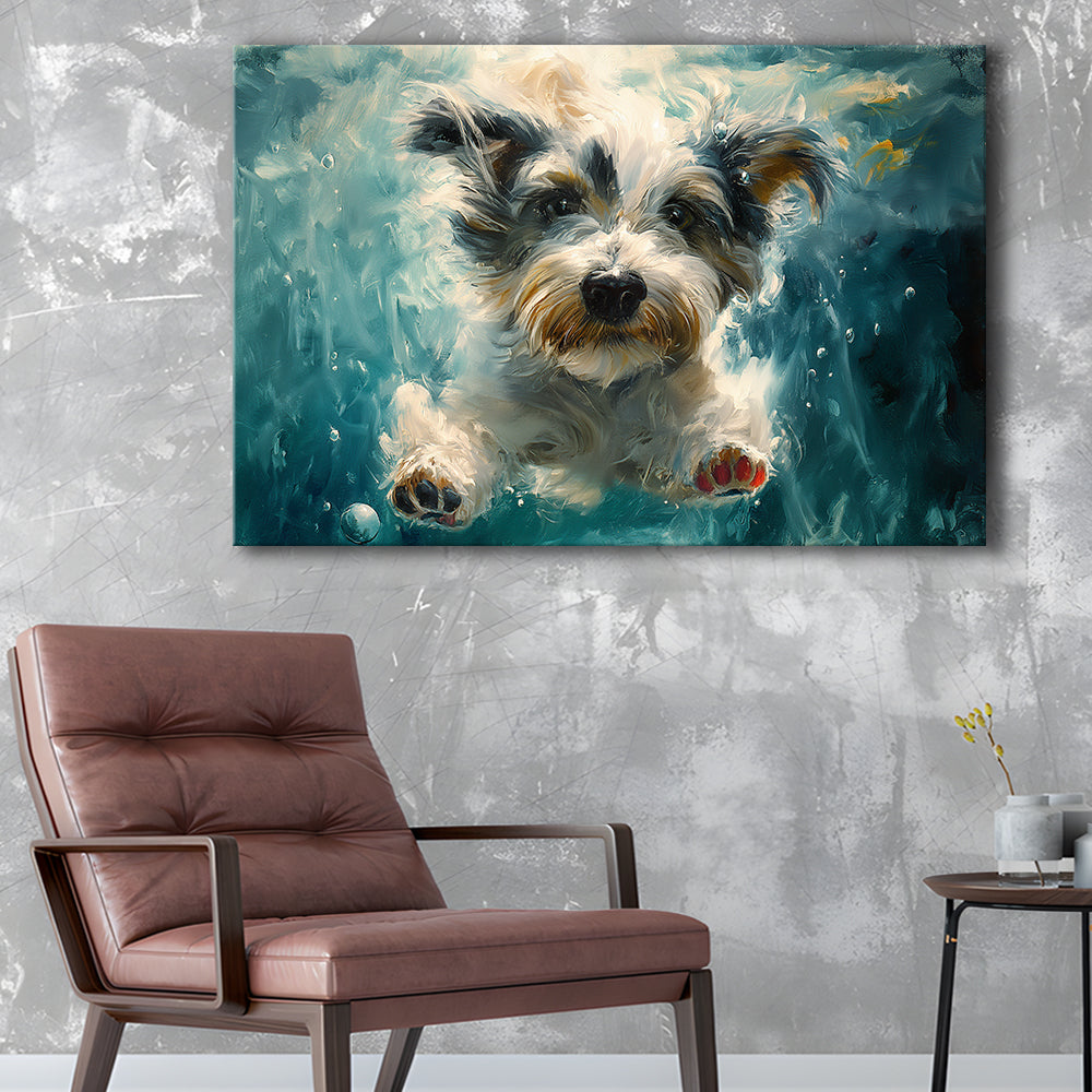 Bearded Collie Dog Swimming Underwater Watercolor, Funny Pet Art, Canvas Print Wall Art Home Decor
