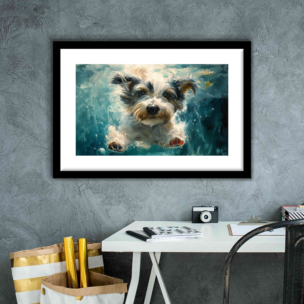 Bearded Collie Dog Swimming Underwater Watercolor, Funny Pet Art, Framed Art Print White Border Wall Decor