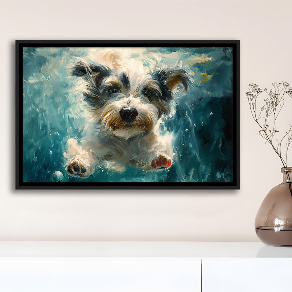 Bearded Collie Dog Swimming Underwater Watercolor, Funny Pet Art, Floating Framed Canvas Print Wall Art